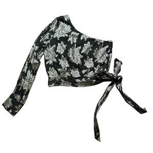 Karina Grimaldi Black and Silver One-Shoulder Top L